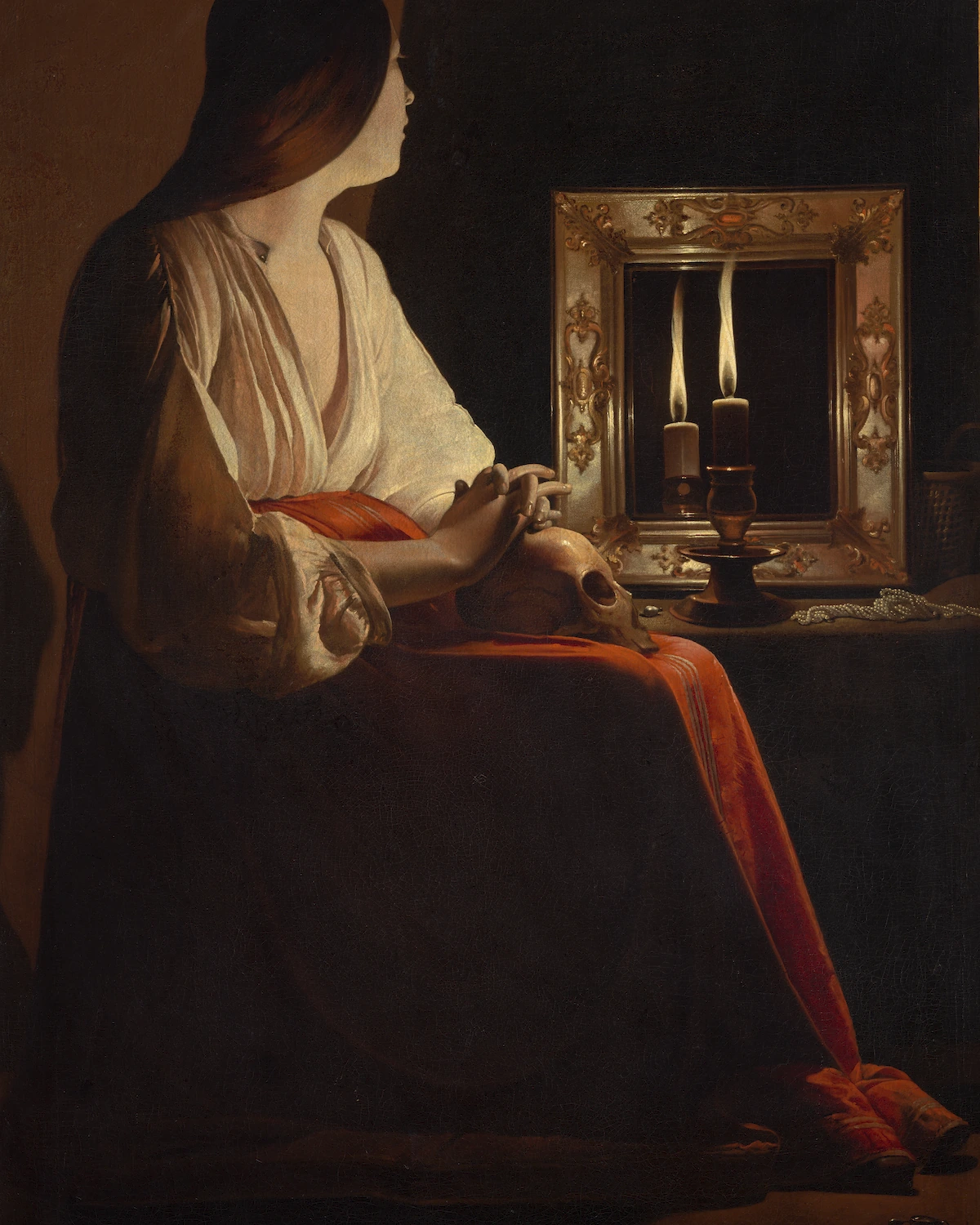 Detail of a candlelit painting, decoded by Windows with the sRGB curve: the dark background washes out to a flat brown-gray haze